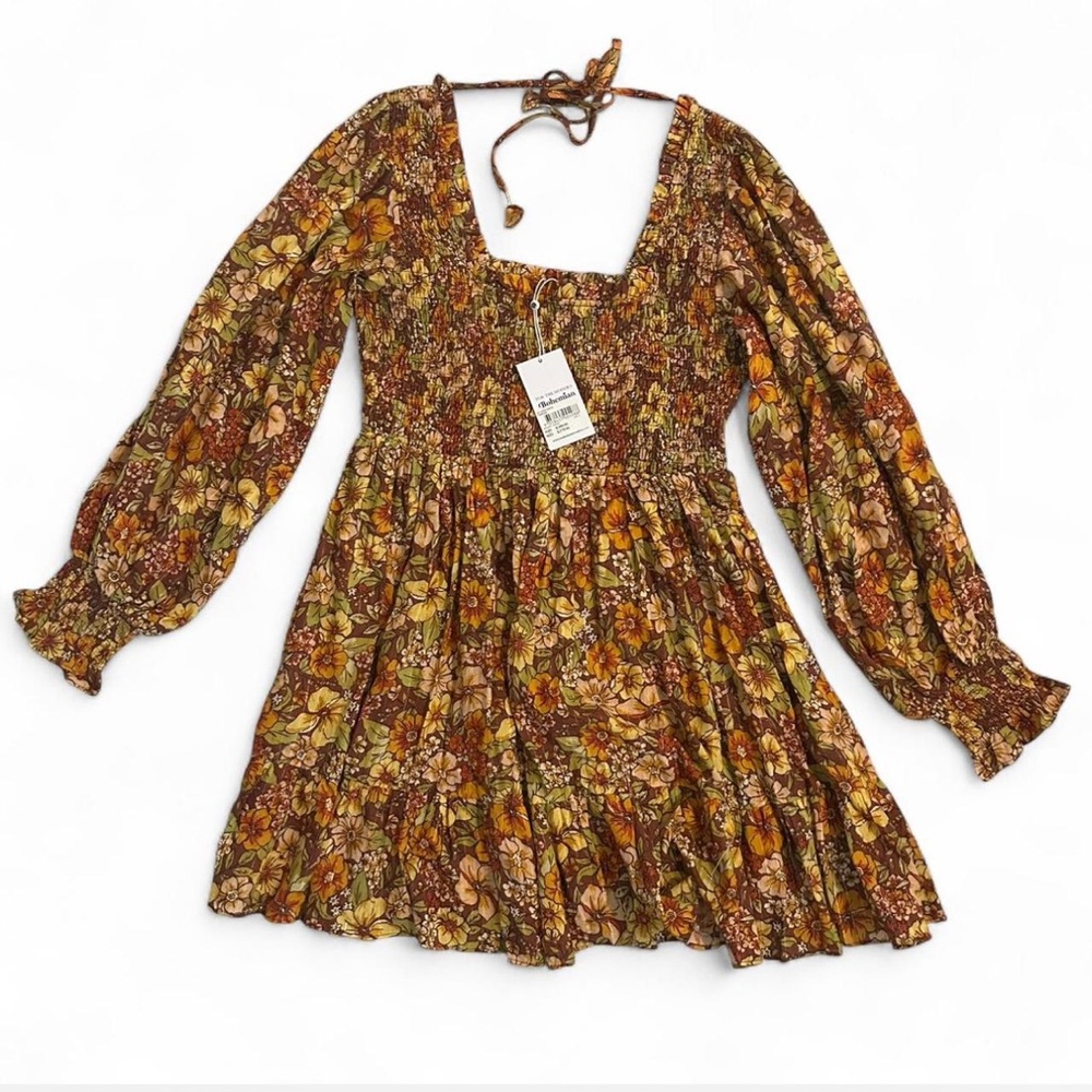 BNWT Bohemian Traders Sz S Tuscan Tiered Orange Floral Mini Dress Balloon Sleeve